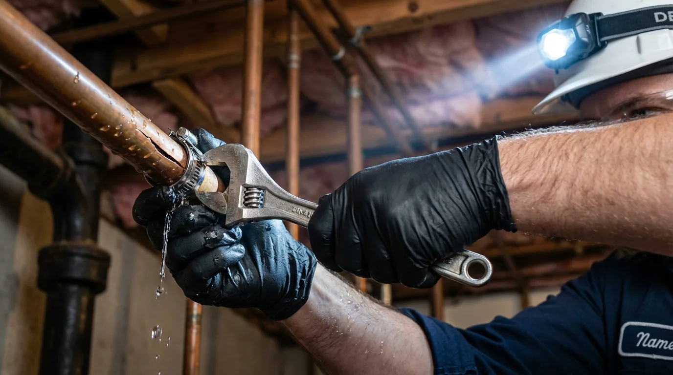 Emergency pipe clamp repair being performed by a Johns Plumbing LLC plumber in Sunland Park