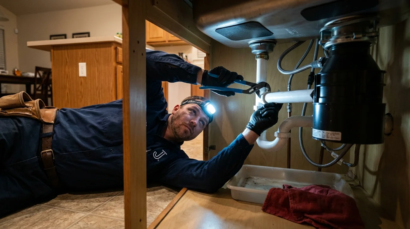 P-trap and supply line connections under a kitchen sink showing a common leak point in Sunland Park, NM